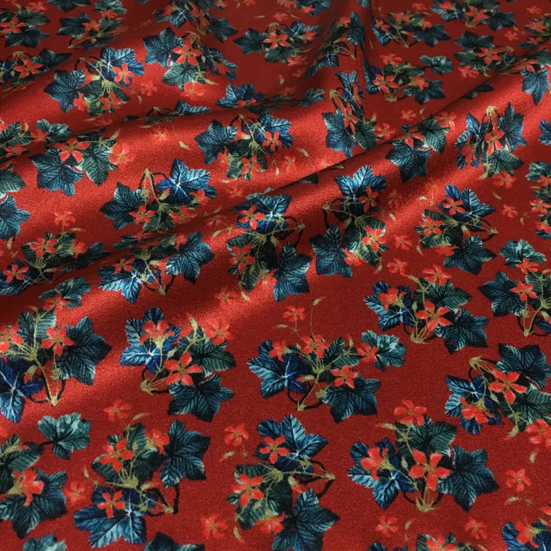 

French retro small floral print dark red bottom silk stretch digital printing fabric natural mulberry silk high fashion fabric