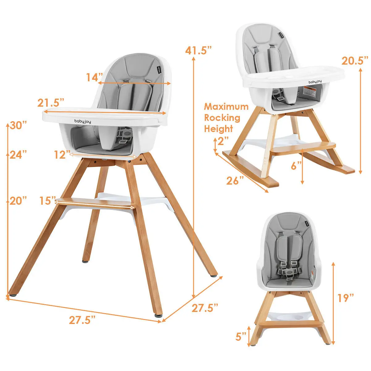 Babyjoy 3-em-1 cadeira alta para bebê de madeira conversível com bandeja pernas ajustáveis bb5581