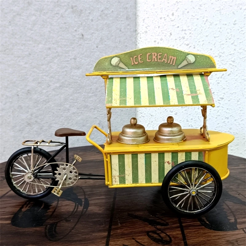 Vintage Wrought Iron Art Ice Cream Cart Miniature Handmade Metal Popsicle Tricycle Model Childhood Ornament Craft Decor Present