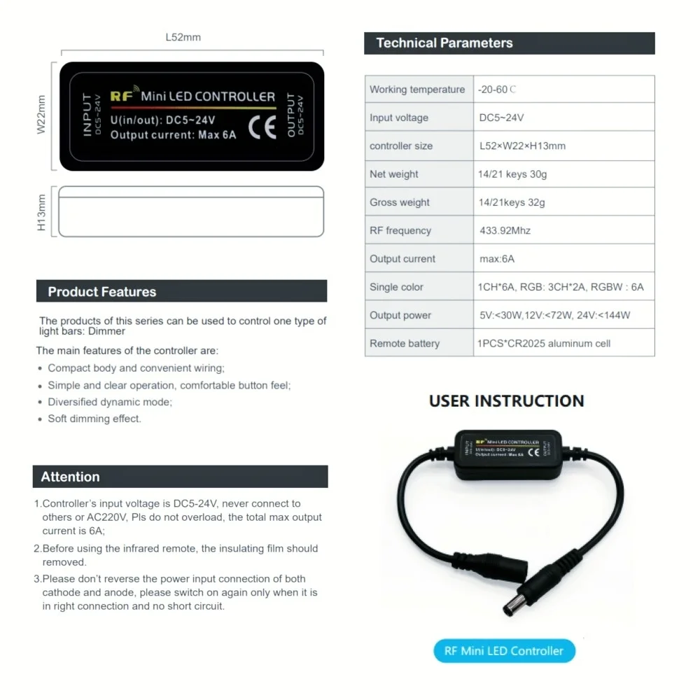 Mini LED Gradateur DC5-24V snapWireless RF Contrôleur Commutateur 14 Clé Télécommande Unique document 3528 5050 2835 COB LED Bande Lumière