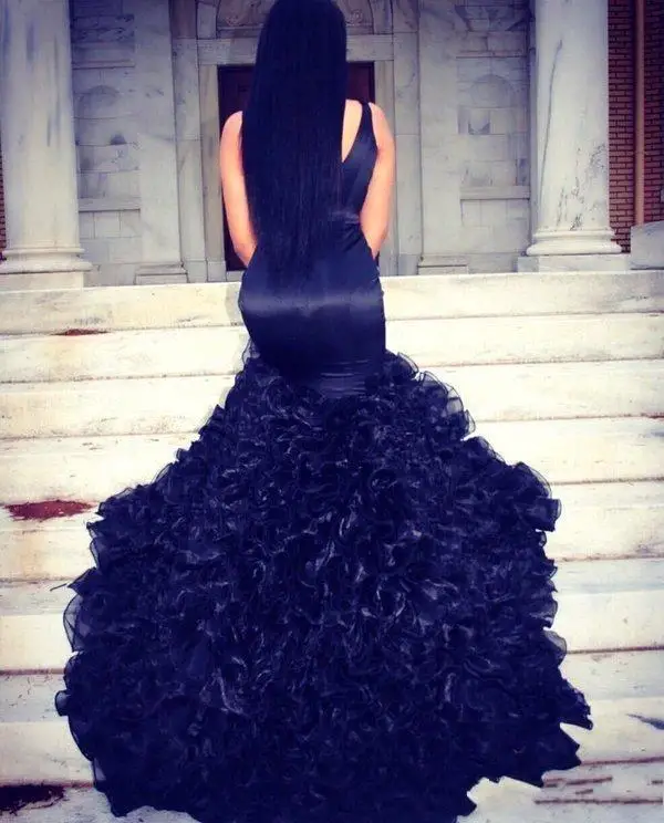 Gaun Pesta Prom Afrika Hitam Kerah V Seksi Gaun Formal Malam Ruffle Organza Putri Duyung 2023 Robe De Soiree Vestidos Fiesta