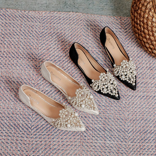 Designer Beads Wedding Shoes Women 2022 Lace Embroider Flats Woman Ballerina Pointed Toe Pearl Loafers Sneakers Plus Size 35 43 AliExpress