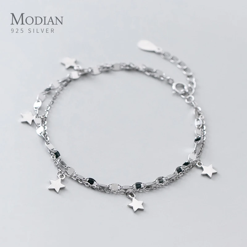 Modian Sweet Lovely Star Double Chain Bracelet 925 Sterling Silver Geometric Sequins Link Chain Bangle for Women Fine Jewelry