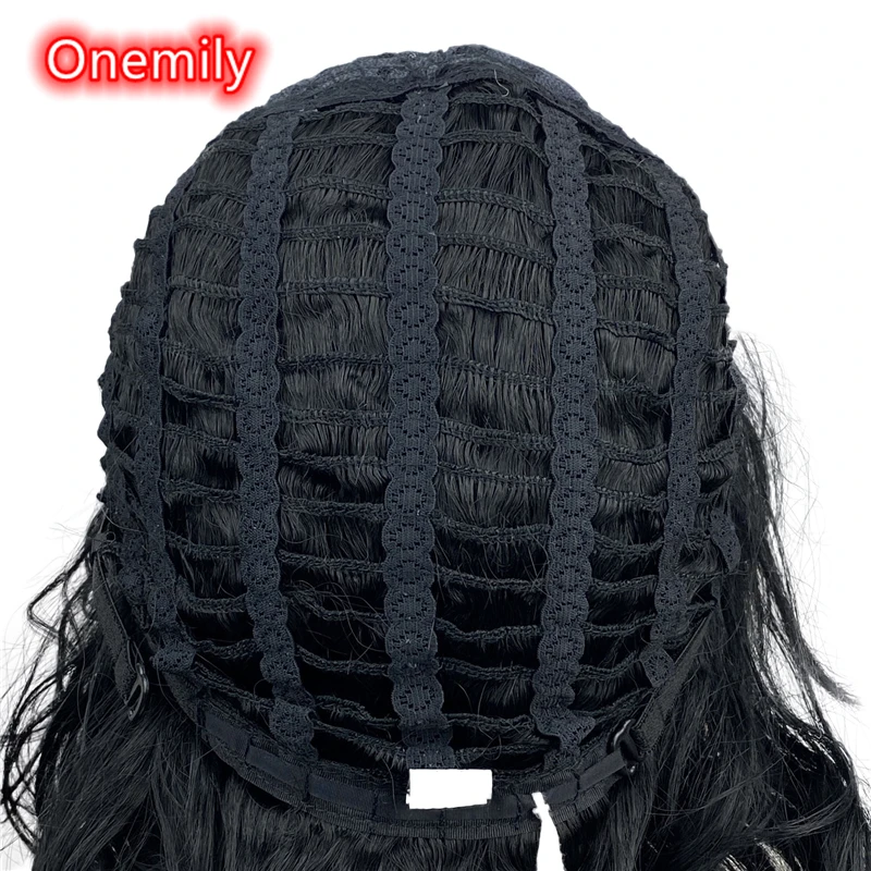 Onemily-Peluca de cabello sintético para mujer y niña, cabellera de onda corta ondulada, rizada, resistente al calor, con flequillo, fiesta de noche, color negro azabache