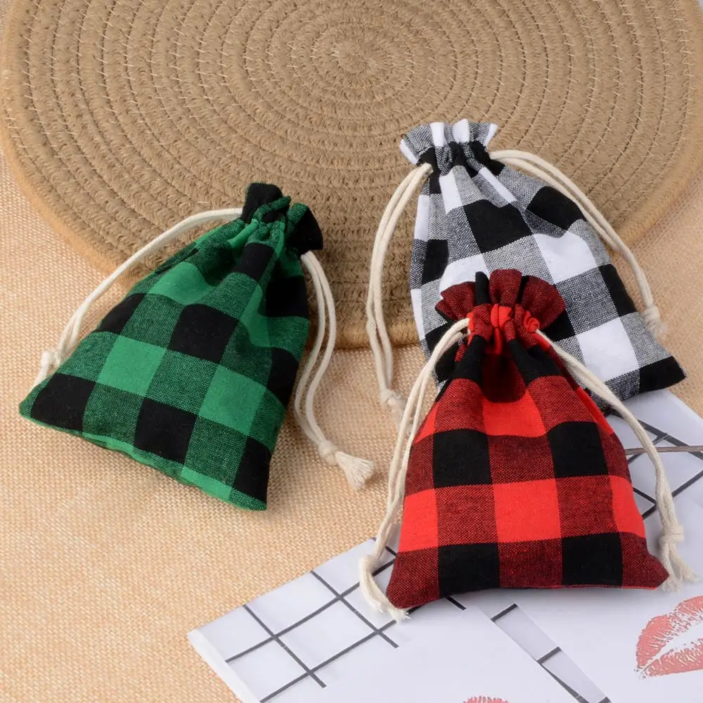 10pcs/lot 10x14cm Linen Cotton Bag 3 Colors Gridding Drawstring Pouch Cosmetic Wedding Candy Gift Jewelry Packaging Bags