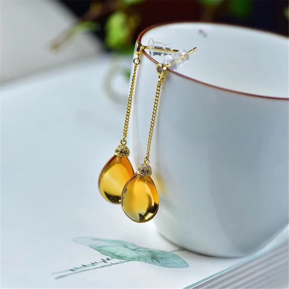 Top Natural Yellow Citrine Drop Earrings For Women Lady Clear Crystal Water Drop Beads Silver Sterling Gemstone Jewelry AAAAA