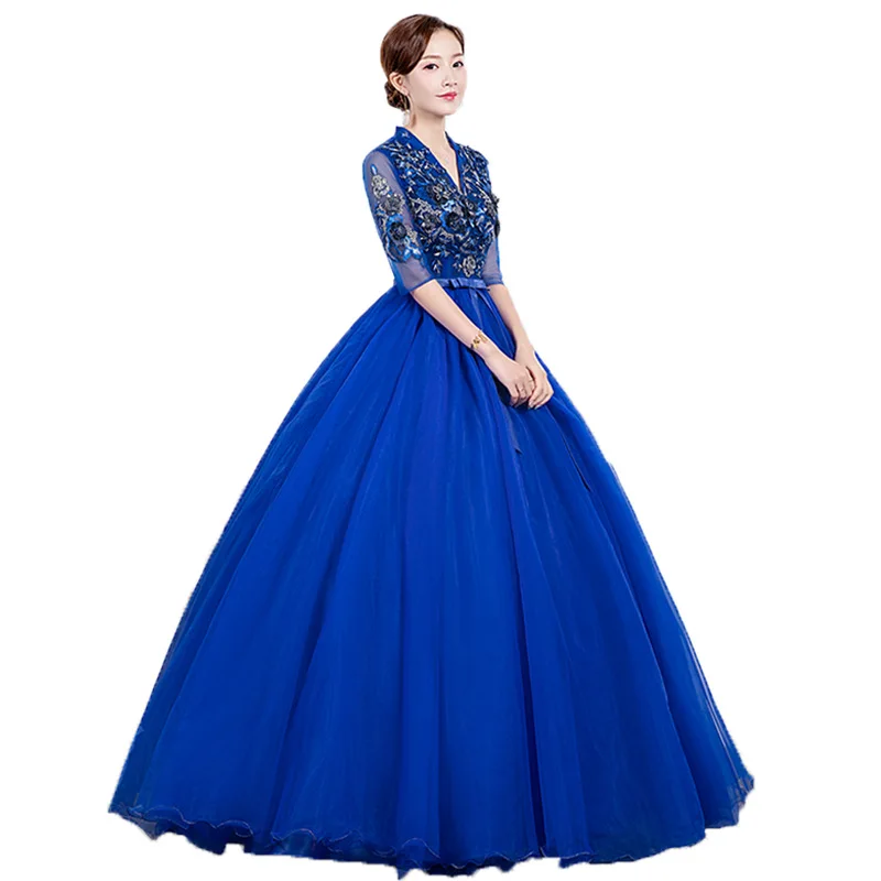 2021 Stock Royal Blue długie rękawy dekolt koronkowe sukienki Quinceanera suknia balowa sukienka na studniówkę Sweet 16 gorset Vestidos De 15 Anos