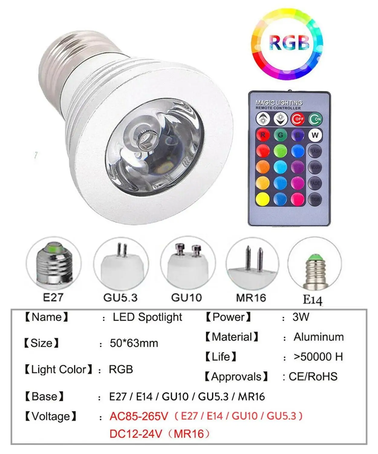 

10pcs GU10 GU5.3 MR16 RGB LED Spotlight Bulb 3W Dimmable Bombilla led E27 E14 gu10 220V 110V 12V Lights + 24key Remote Control