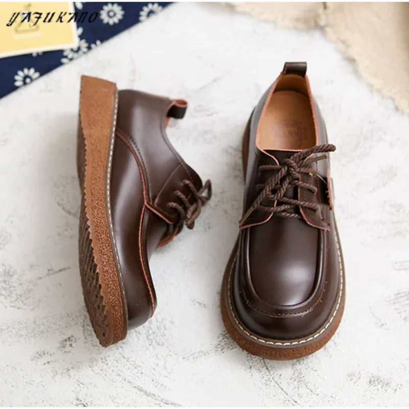 European American Retro British Style Literary Genuine Leather Thick-Sole Lace-Up Handmade Big-Toed Shoes Mori Girl Casual Shoes