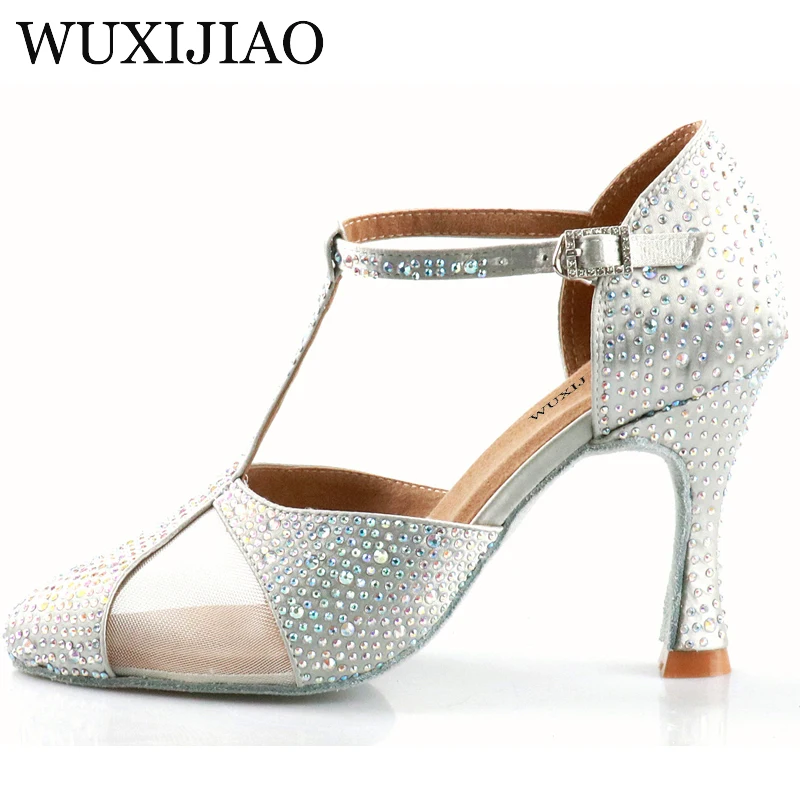 WUXIJIAO-zapatos de baile latino con diamantes de imitación, calzado de satén de seda plateada, zapatos de boda, diseño de diamantes de imitación