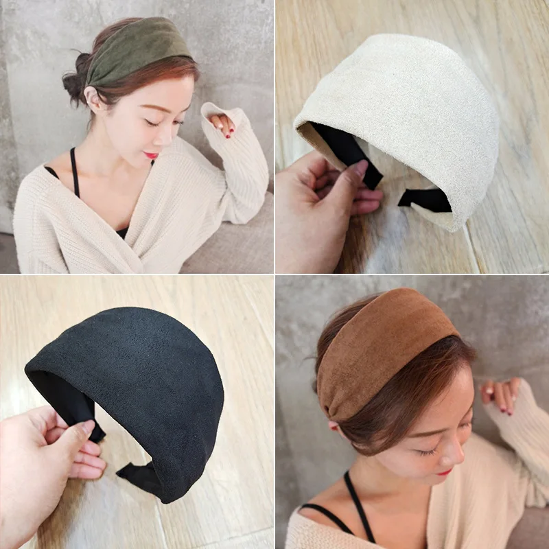 Moda damska Super szeroki zamszowy pałąk elegancki w jednolitym kolorze gładka opaska do włosów antypoślizgowa opaska na głowę Turban proste akcesoria do włosów