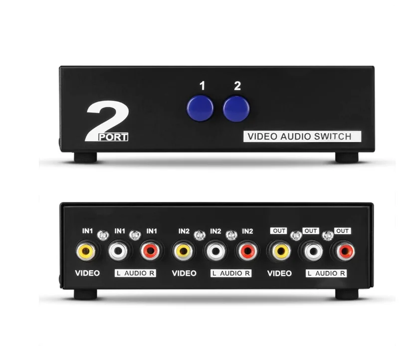 Caixa de comutação AV com 2 Entradas 1 Saída, Seletor do Switcher, 2 Way Port, Stereo, RCA, Áudio e Vídeo Composto