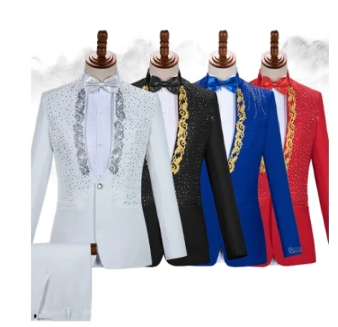 

Stage Chorus Men Dresses Red Sparkly Crystals Embroidery Blazers Suit Wedding Groom White Suits Singer Host 2-Piece Set Costume
