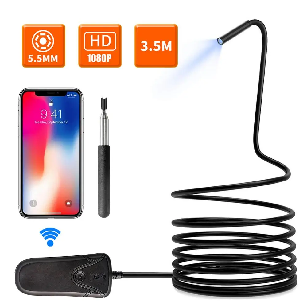 5.5mm 2MP 1080P  Wireless Endoscope Semi-Rigid WiFi Borescope Inspection Camera With 6 Led Light for iOS Android