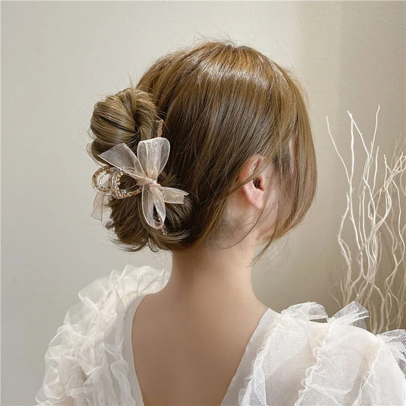 Hair Clip Net Yarn Bow Gentle Fairy Rhinestone Catch Clip Korea Hair Accessories Hair Catch Clip Hairpin Shark Clip