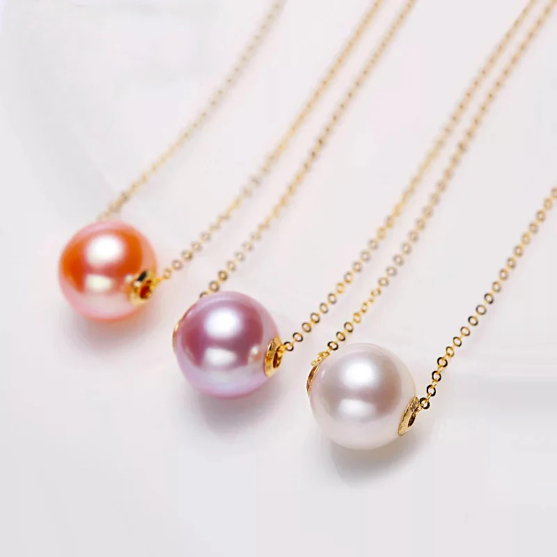 

Natural Freshwater Pearl Pendant Necklace 18K Pure Yellow Gold Chain White Pink Purple Round Pearl Women Fine Jewelry D509