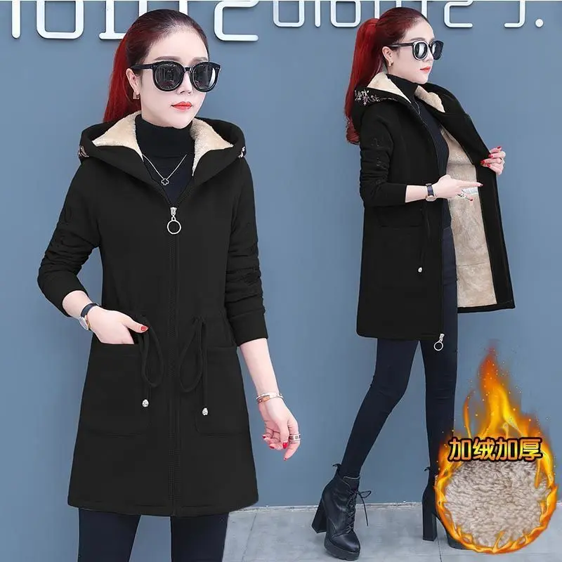 

2024 New Spring Autumn Coats Hoodie Mid-Length Add Velvet Winter Jacket Female Casual Embroidery Lamb Wool Hooded Coat Outerwear