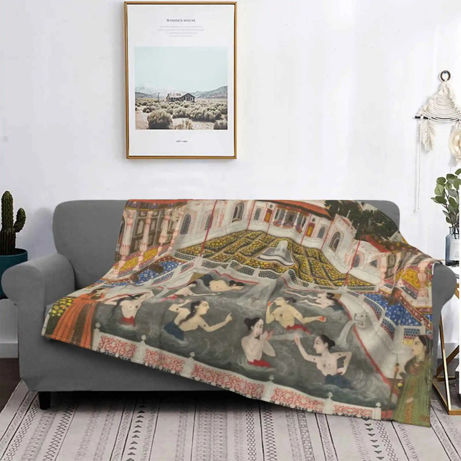 Women Bathing Before An Arc Tural Panorama Top Quality Comfortable Bed Sofa Soft Blanket India Hindu Indian Art Buddhism