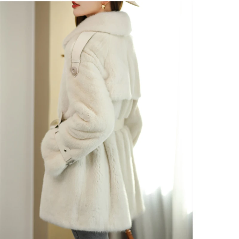 2023 New 100% Mink Whole Fur Women Long Natural Skirt Coat With Collar Belt Winter Thick Warm Female Mink Fur Jacket