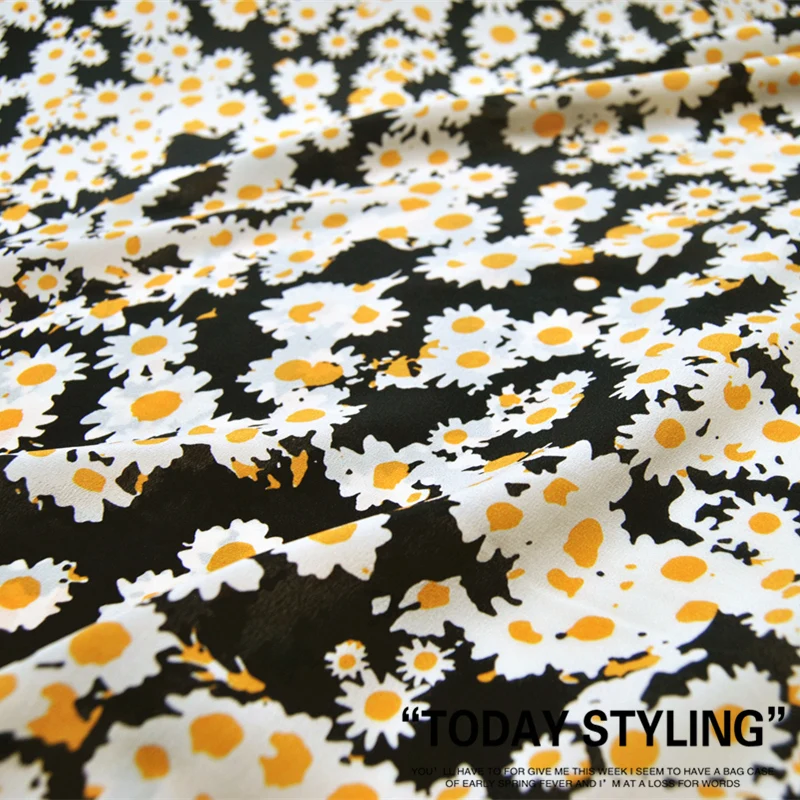 Classical Popular Summer Silk Crepe De Chine Fabric Daisy Flowers Black 54