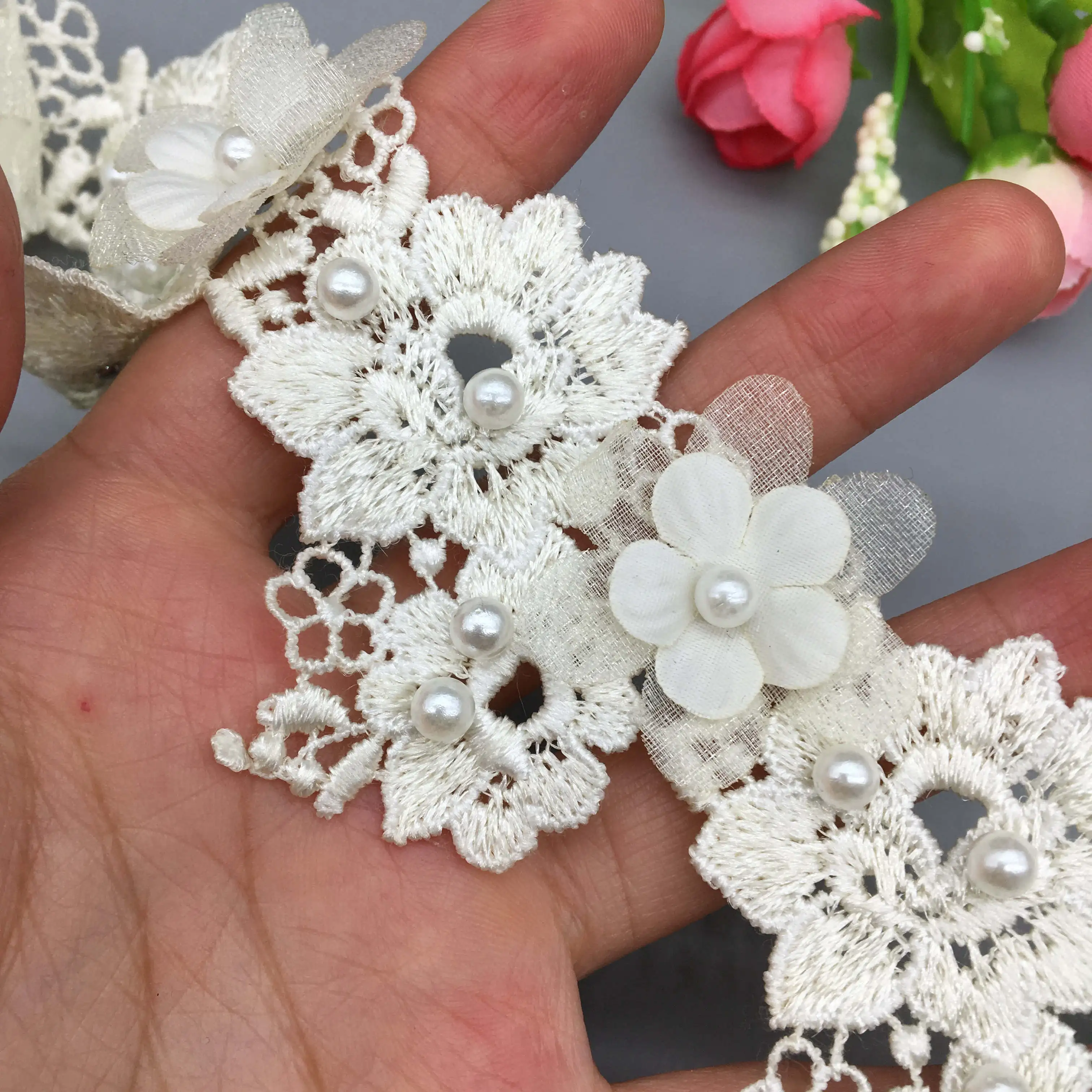 1 Yard 3D Flower Pearl Lace Trim Embroidered  Lace Ribbon Fabric Handmade Beaded Sewing Craft For Costume Hat Decoration 5cm