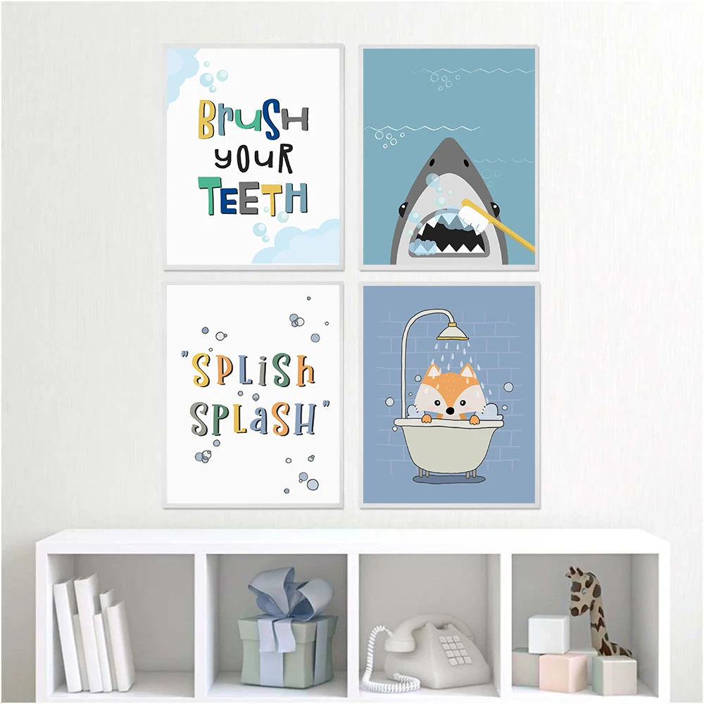 Toilet Bathroom Cartoon Canvas Painting Posters Print Shark Brushing Teeth Taking A Bath Quotes Art Pictures For Kids Decorative