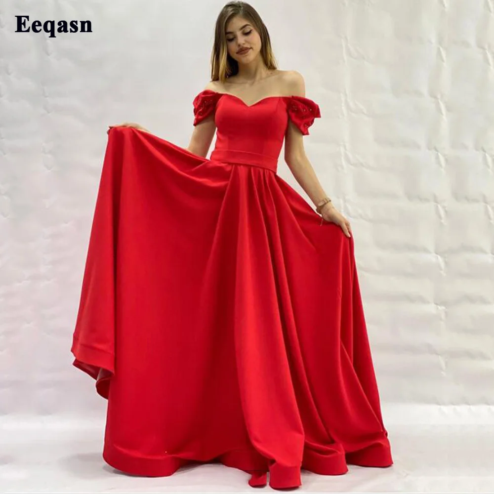 Eeqasn Gaun Malam Satin Garis A Merah Mutiara Panjang Bahu Terbuka Gaun Prom Wanita Gaun Acara Khusus Formal