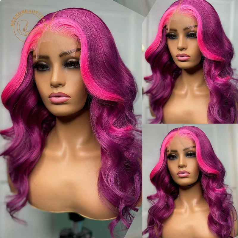 Highlight Lace Frontal Wigs Pink Purple Wavy Transparent Lace Front Wig Ombre Colored Human Hair Wigs 2 Tones Closure Wigs