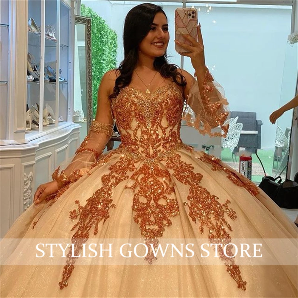 Mexiko Champagner Pailletten Quince anera Kleid Schatz Perle plus Größe Korsett Ballkleid Rüschen Ballkleid Luxus süß 16