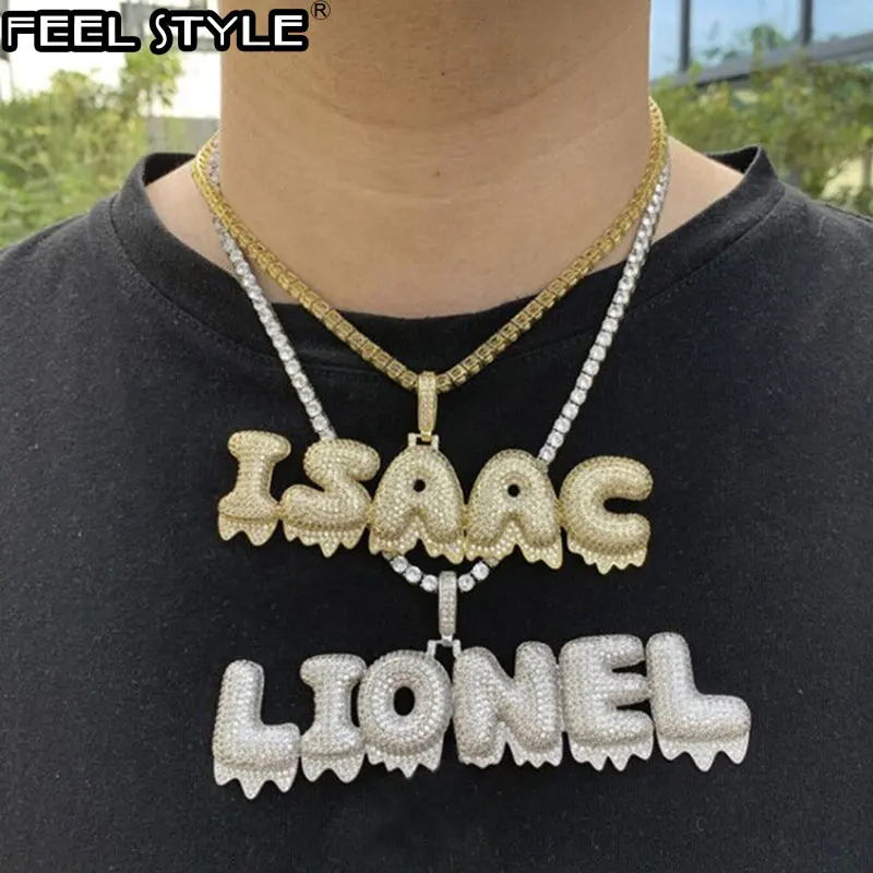 Hip Hop Iced Out Bubble Letters Custom Name Cubic Zircon Drip Chain Pendants & Necklaces For Men Jewelry With Tennis Chain