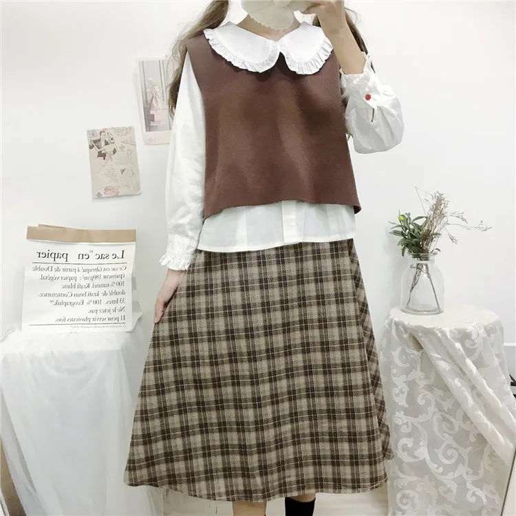 Japanse Loli Pop Kraag Lange Mouwen Shirt + Vest + Plaid Rok Fee Jurk Thee Party Lolita Jurk Zoete lolita Pop