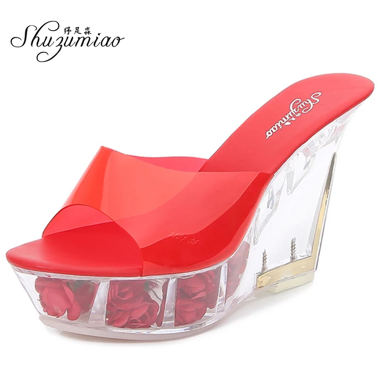 Shuzumiao Shoes Woman High heels Slippers Ladies Shoes Transparent Crystal Plarform Sandals Thick Peep Toe Famale Shoes 2020 New