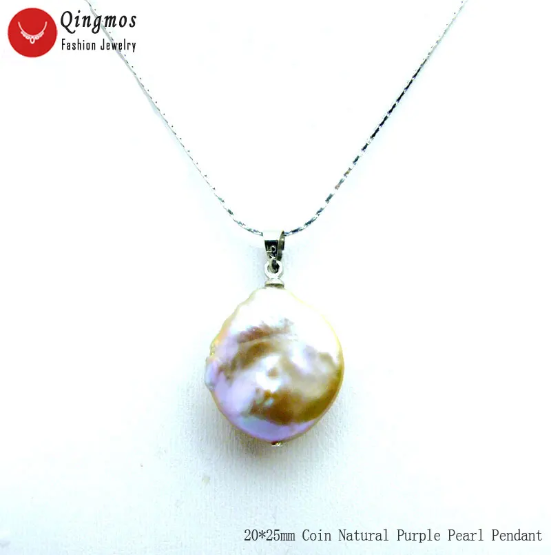 

Qingmos 20*22mm Coin Natural Freshwater Purple Pearl Pendant Necklace for Women with Slver Plated Chain 17'' Chokers Jewelry