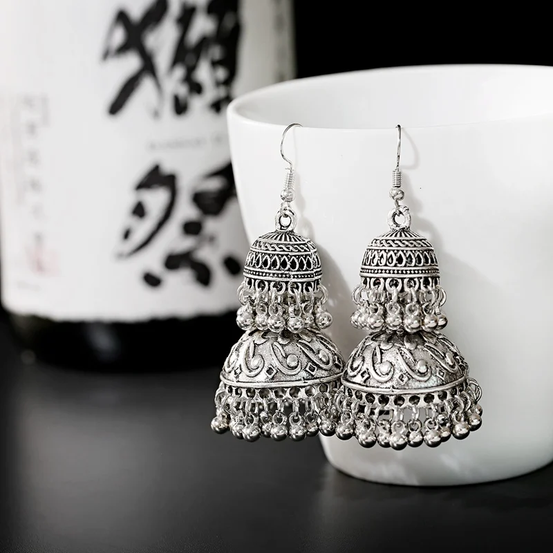 Vintage Tibetan Jewelry Silver Color Two Bells Tassel Drop Earrings Oxidized Carved Turkish Jhumka Earrings