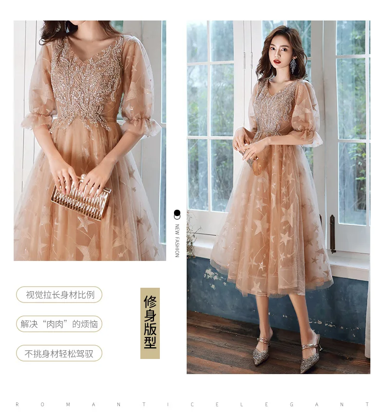 Champagne V-Neck 3XL Female Sexy Cheongsam Slim Women Wedding Evening Dress Elegant Dresses Exquisite Qipao Robe De Soiree