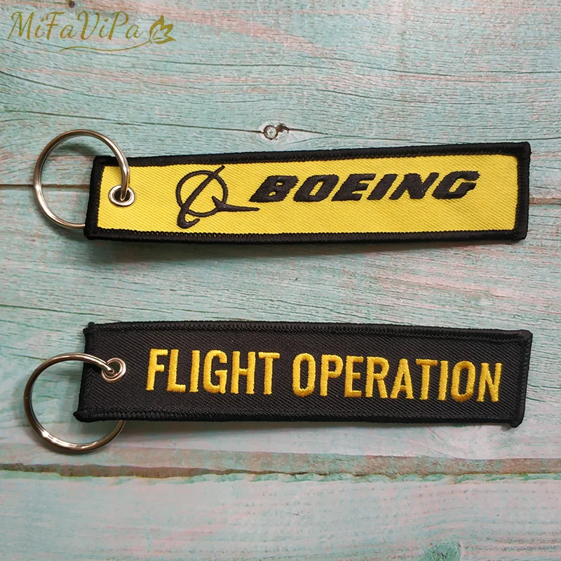 

50 PCS Fashion Christmas Gift Keychain Trinkets Chaveiro Boeing Key Chains Yellow FLIGHT OPERATION Embroidery llavero for Men