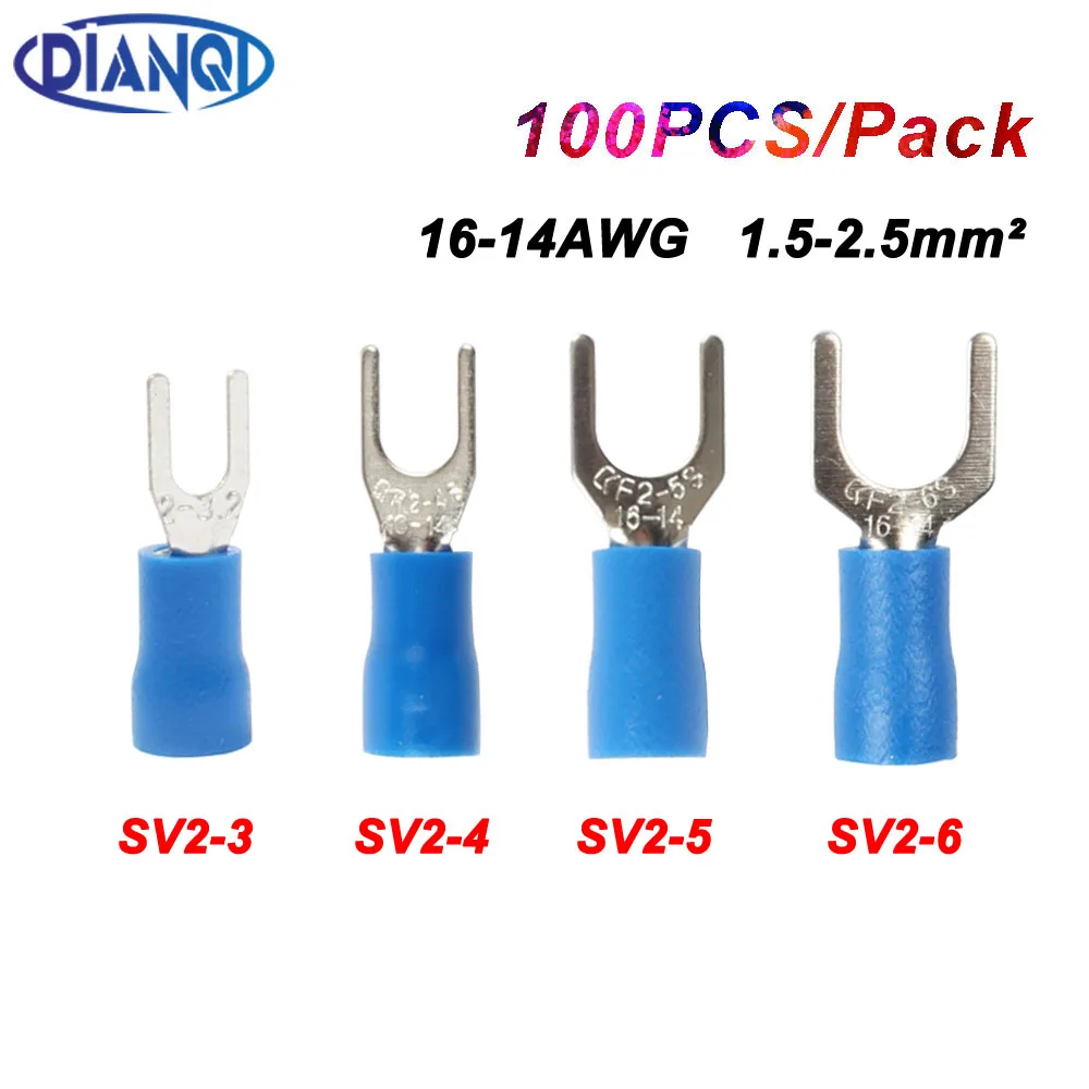 SV2-4 Blue Furcate Cable Wire Connector 100PCS/Pack Furcate Pre-Insulating Fork Spade 16~14AWG Wire Crimp Terminals SV2.5-4 SV