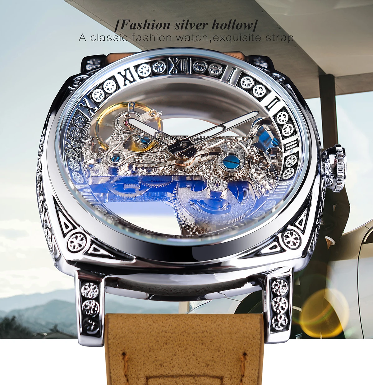 Forsining Fashion Square Transparent Retro Men\'s Automatic Mechanical Watch Silver Luminous Self-Wind Skeleton Design Belt Clock