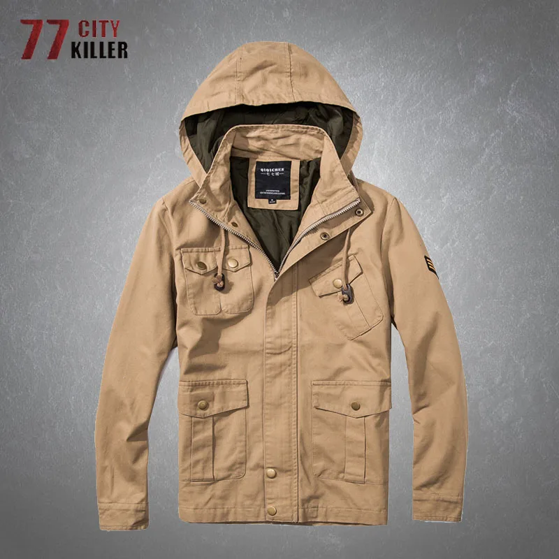 Cargo Military Jacket Men Fashion Casual Hooded Multi-Pockets Cargo Coats Male Slim Breathable Cotton Mens Jackets Big Size 6XL