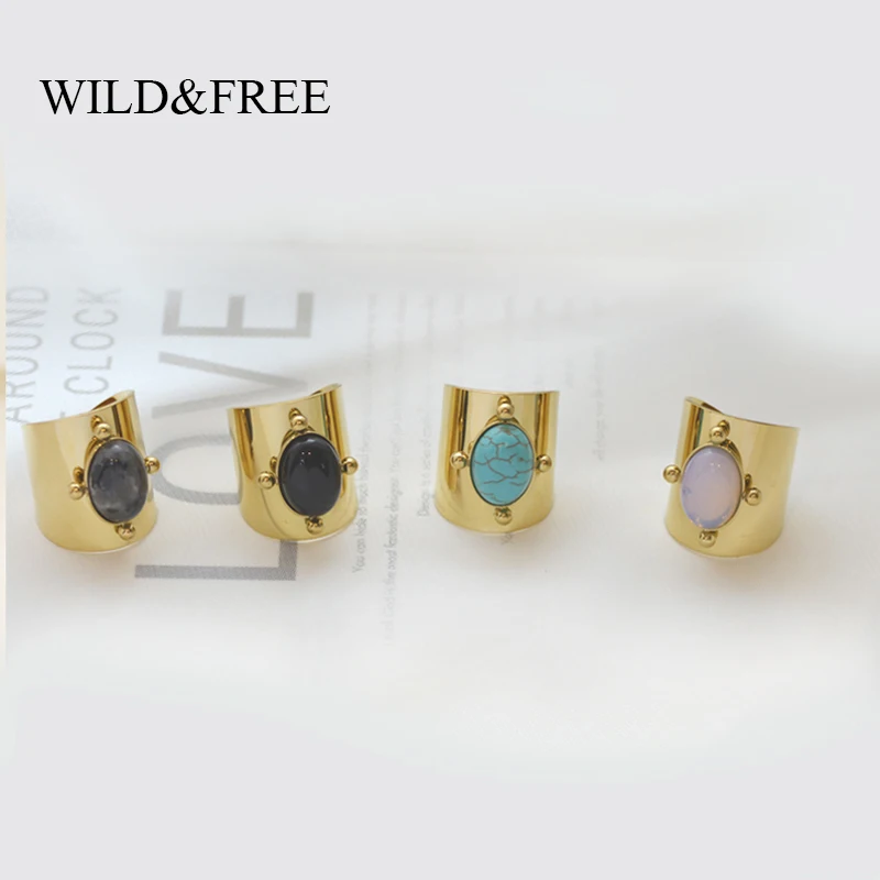 Wild&Free Stainless Steel Gold Plated Wide Rings For Women Big Natural Stone Finger Ring Vintage Jewelry Best Gift