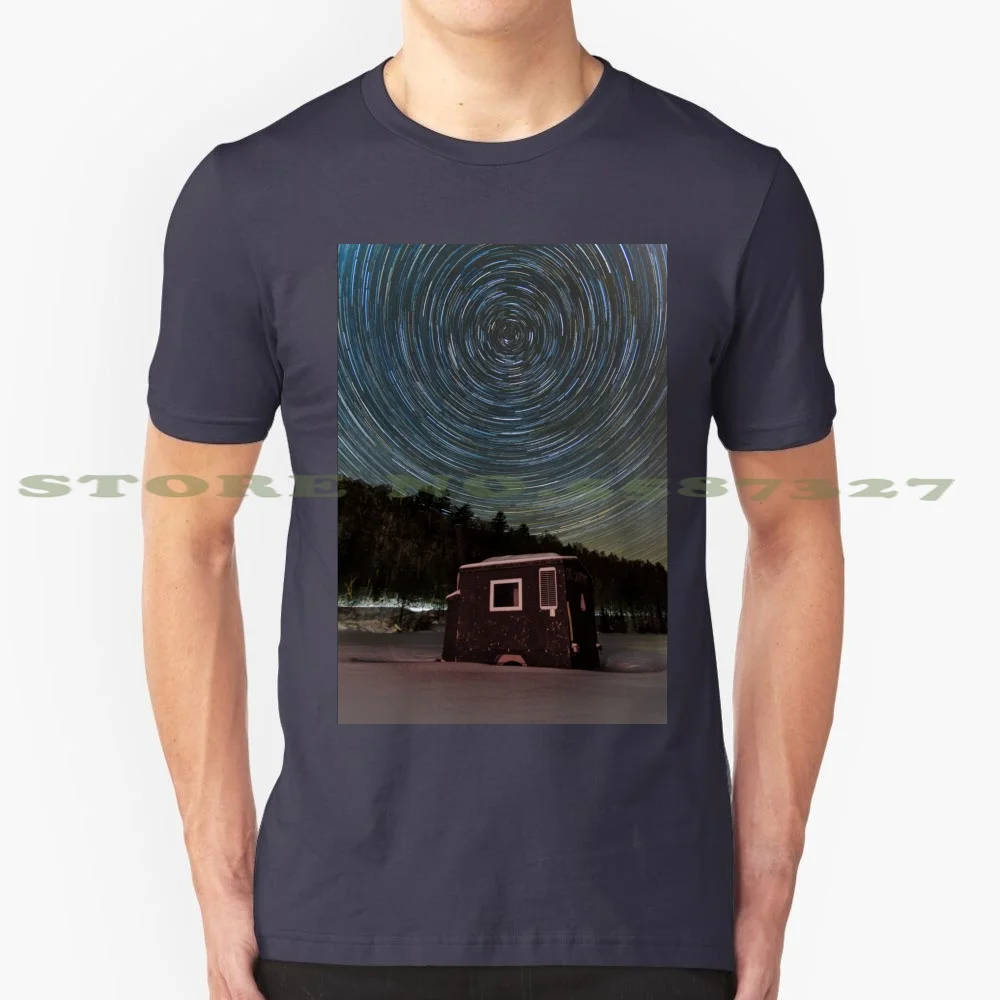 Ice Fishing Hut Against Sky At Night 100% Cotton T-Shirt Star Trails Winter Snow Cold Temperature Night Polaris North Astronomy