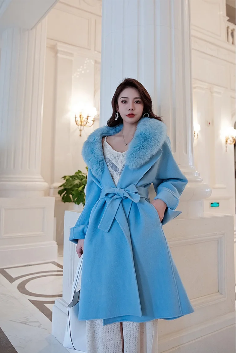 Oversize 100% Wool Women Trench Autumn Fashion Ladies Outwear Cashmere Coat Belt With Fox Fur Collar Long Winter Jacket