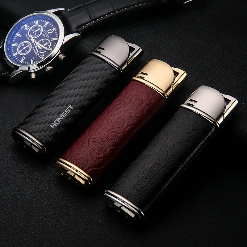 HONEST Jet Torch Lighter Butane Gas Leather Metal Cigar Lighters With Gift Box Cigarette lighter Without Gas