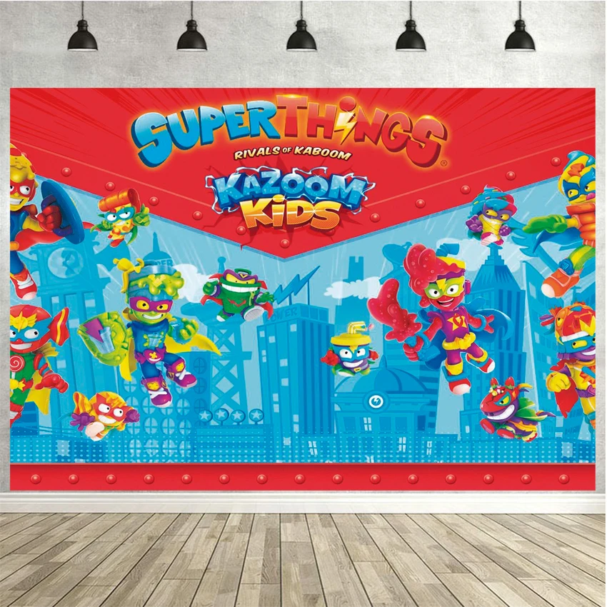 Super Zings เด็กวันเกิด Party ฉากหลังอาคารเมืองเกมธีมภาพพื้นหลังเค้กของเล่นตารางตกแต่งแบนเนอร์โปสเตอร์ไวนิล
