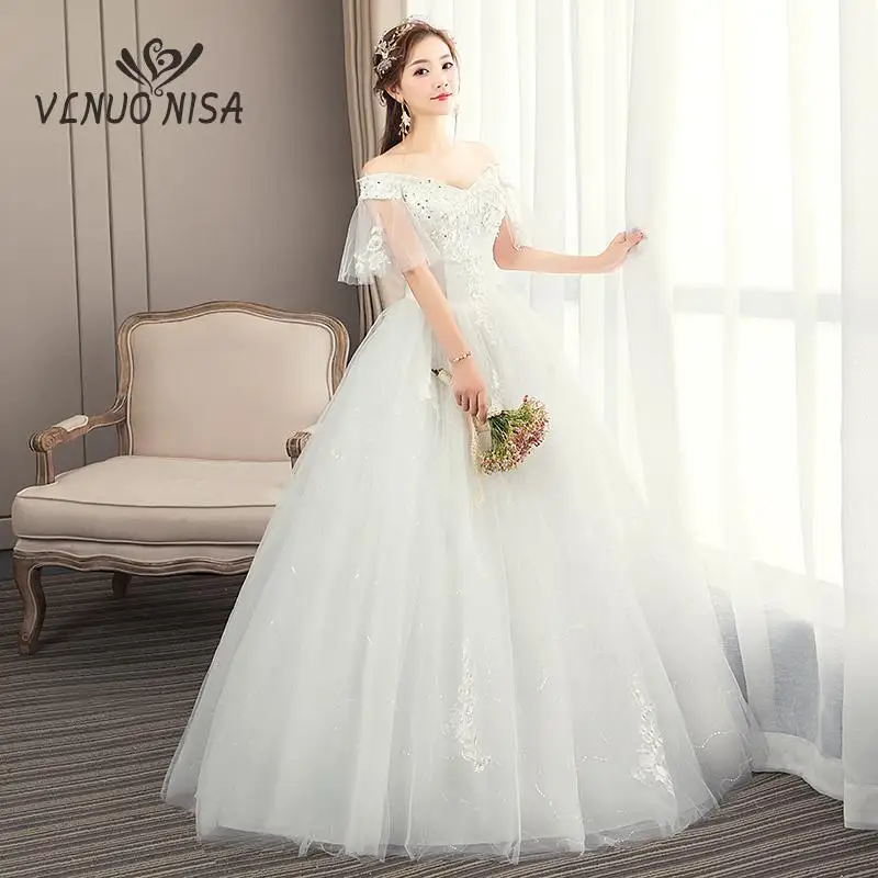 Exquisite Applique Ball Gowns off shoulder Sequined  V-neck Wedding Dresses Cap Sleeve Lace embroidery Bridal Dress Princess