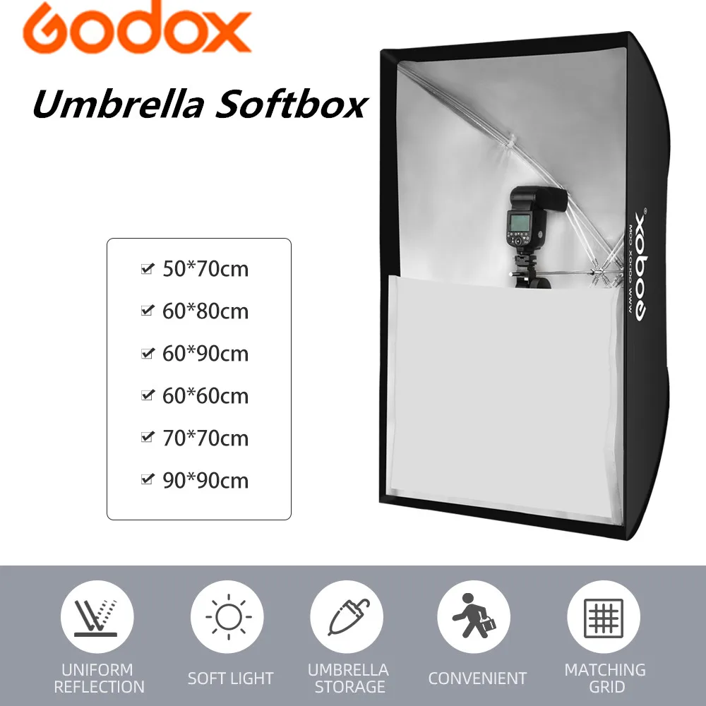 

Godox Portable 60*90/50*70/60*60/60*80/70*70/90*90cm Umbrella Photo Softbox Reflector for Studio Photography Flash Speedlight