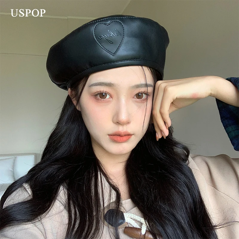 

USPOP 2021 Women Autumn Hats Adjustable Black PU Berets Fashion Heart Label Beret Hat