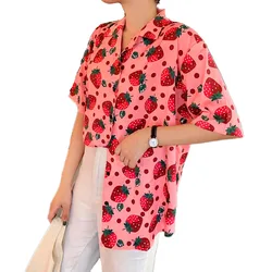 Camicia da donna estiva da spiaggia Top Harajuku Kawaii Girl camicetta carina fragola Polka Dot stampa manica corta Blusa donna Hawaii Camisa