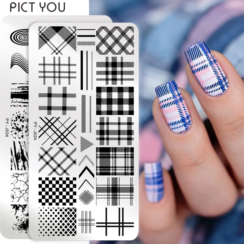 PICT SIE Plaid Überprüfen Nagel Stanzen Platten Weihnachten Tiger Zebra Marmor Muster Nail art Bild Platten Nail Druck Schablone Template