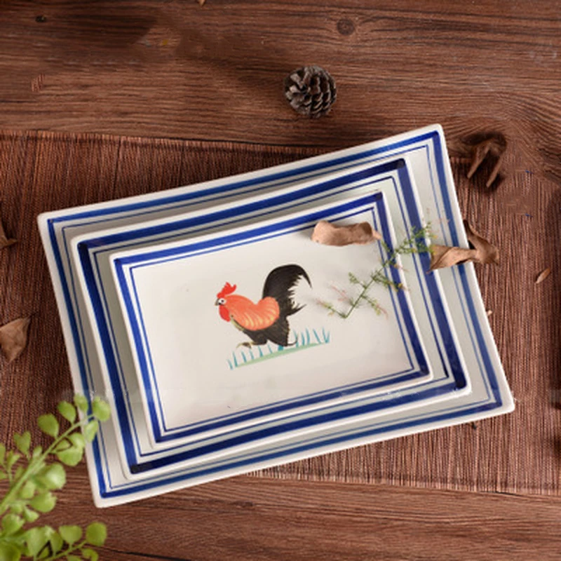 

Ceramic Plate Rectangular 10 INCH Large Dish Cock White Blue Edge Dinnerware Western Food Steak Home Kitchen Supplies Tableware